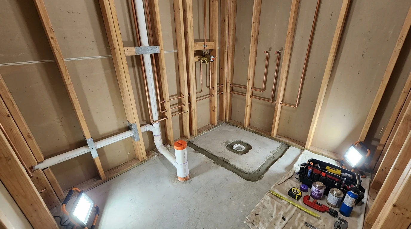 Bathroom rough-in plumbing during remodel by Johns Plumbing LLC in Chicago Heights