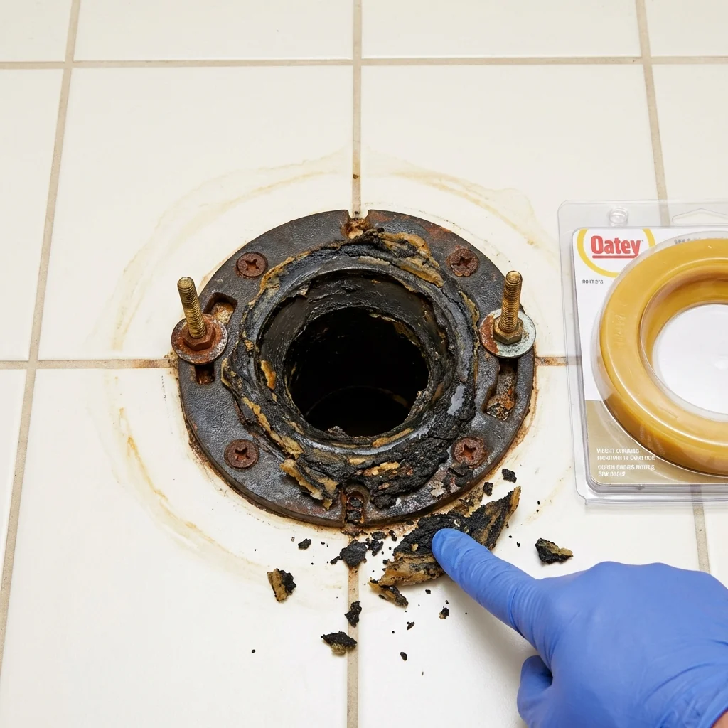 Failed wax ring showing water seepage at the base of a toilet in a Chicago Heights, IL home
