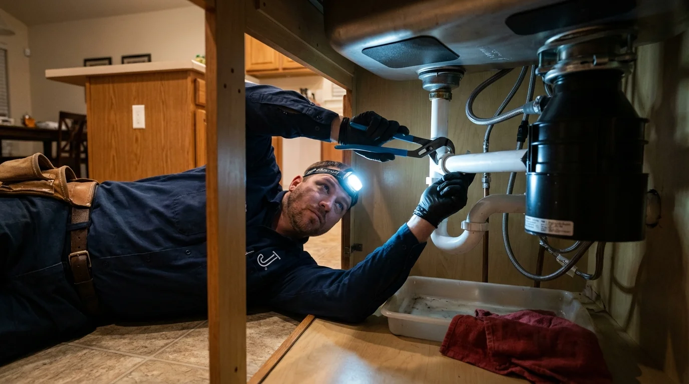 P-trap and supply line connections under a kitchen sink showing a common leak point in Chicago Heights, IL